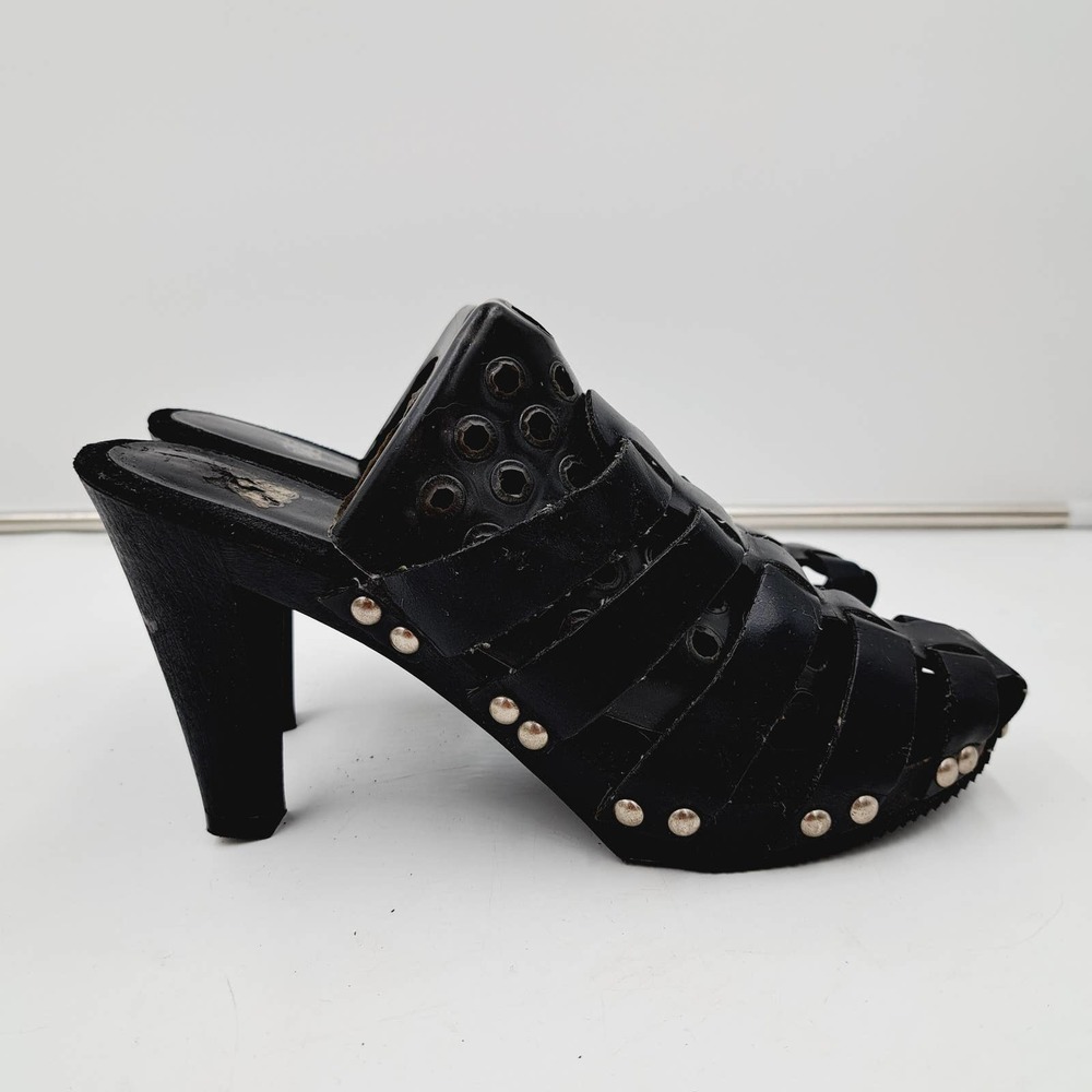 Vintage 70's BS Black Woven Straps Studded Mule Clogs